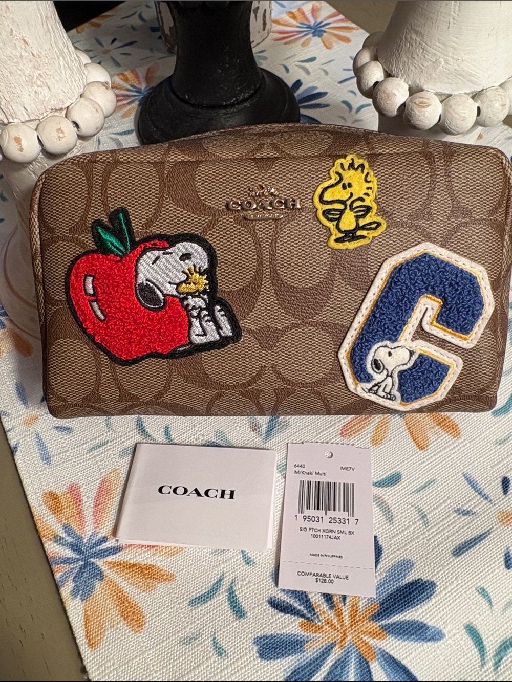 Coach Brown Signature Makeup bagwith Snoopy & Woodstock Patches